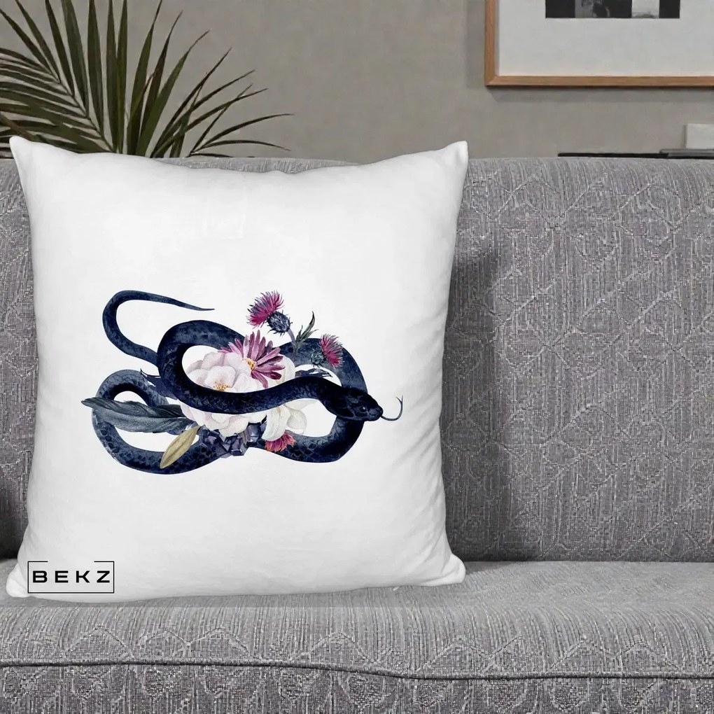 Perna Decorativa Sarpe Negru cu Flori Gothic, 40x40 cm, Alb Pufos, Husa Detasabila, Perna Inclusa, BEKZ®