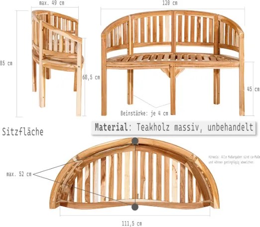 Bancă de grădină din lemn de tec – 2 locuri, șezut arcuit,