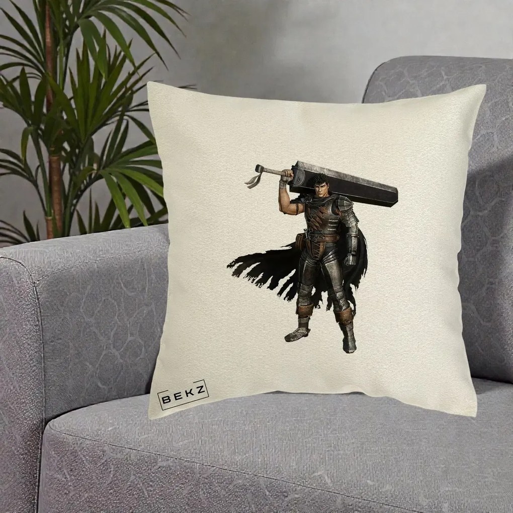 Perna Personalizata Berserk Guts Luptatorul Negru, 40x40 cm, Ecru, Husa Detasabila, Perna Inclusa, BEKZ®