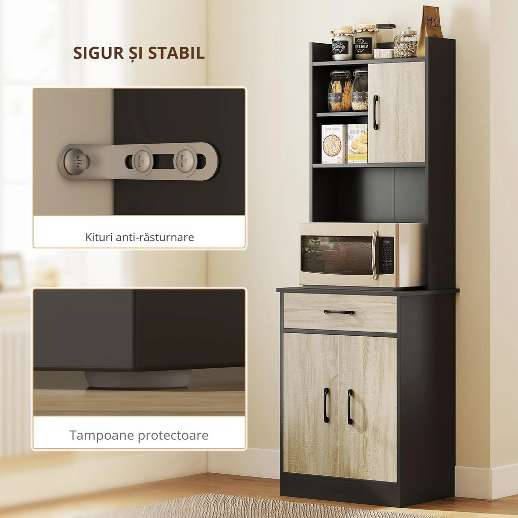 HOMCOM Dulap de Bucătărie, Mobilier cu Orificiu pentru Cabluri și Suprafață pentru Microunde, Dulap de Bucătărie cu Sertar, 3 Rafturi Deschise și Dulapuri, pentru Sufragerie, Living, Negru și Lemn | Aosom Romania