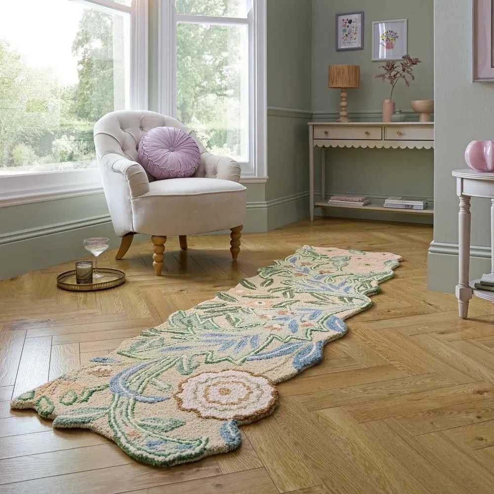Covor tip traversă verde țesut manual din lână 60x230 cm Bryony Shaped Floral – Flair Rugs