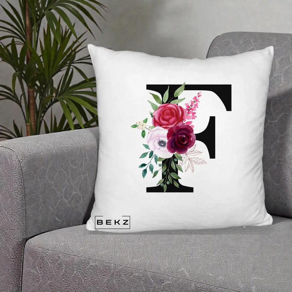Cadou Personalizat - Perna Personalizata Monograma Florala Litera F, 40x40 cm, Alb Pufos, Husa Detasabila, Perna Inclusa, BEKZ®