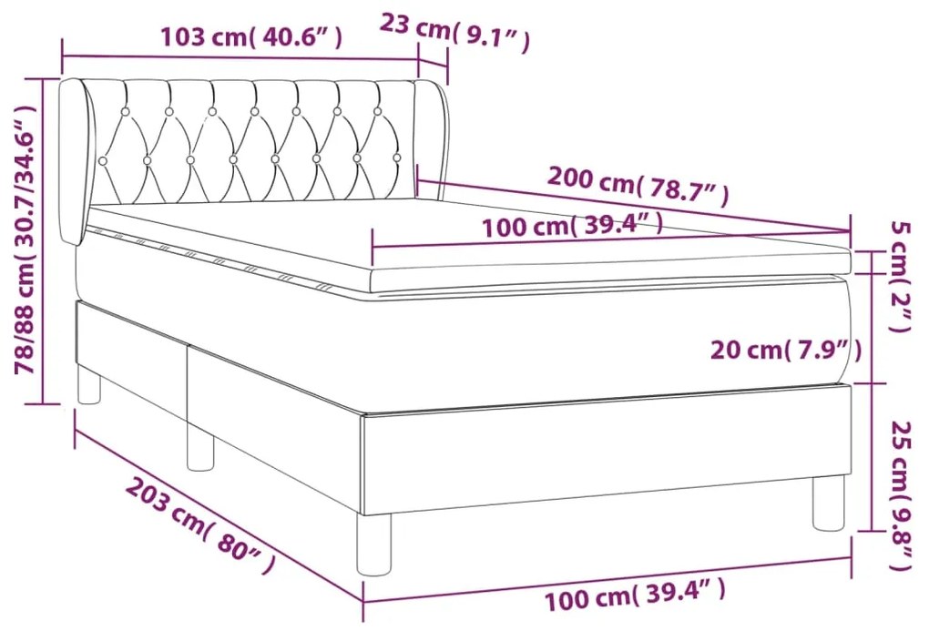 Pat box spring cu saltea, maro inchis, 100x200 cm, textil Maro inchis, 100 x 200 cm, Design cu nasturi