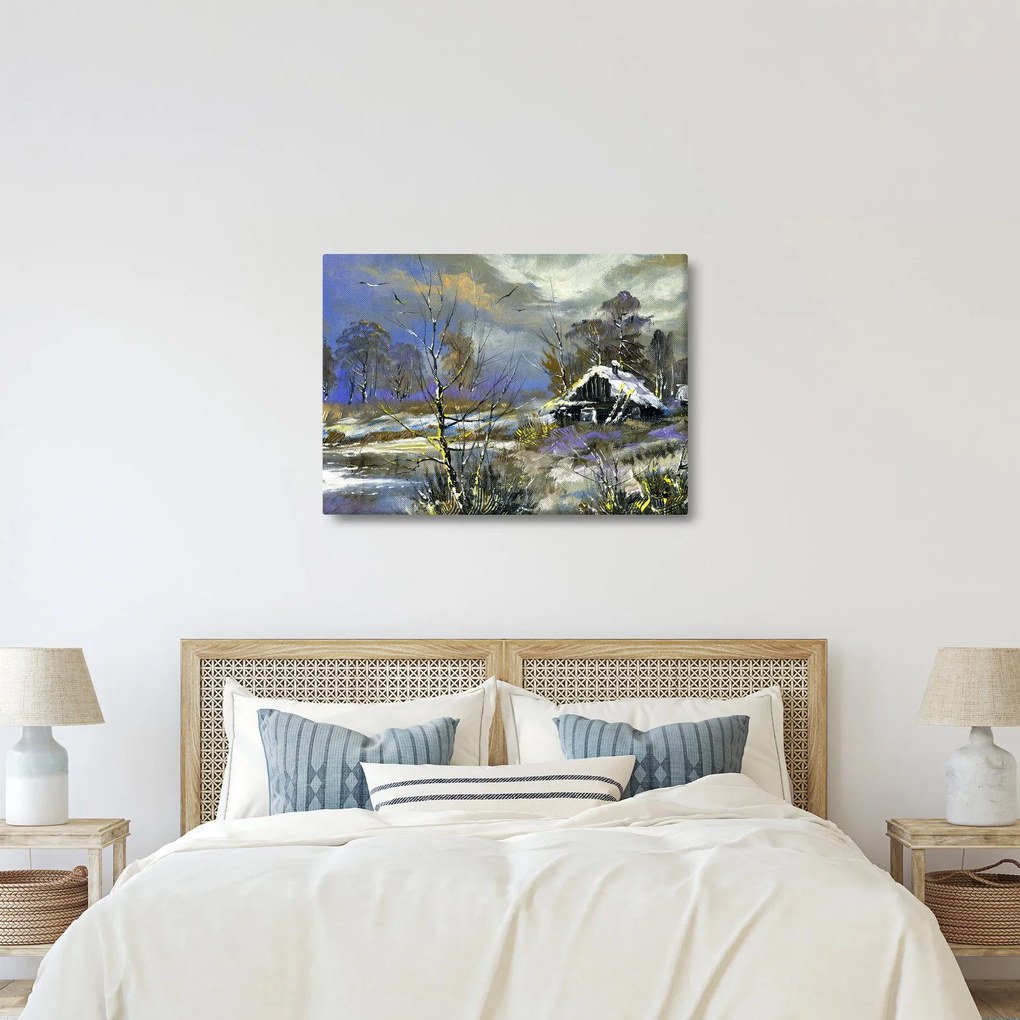 Tablou -Cabane într-un peisaj de iarnă, pictură în ulei (70x50 cm)