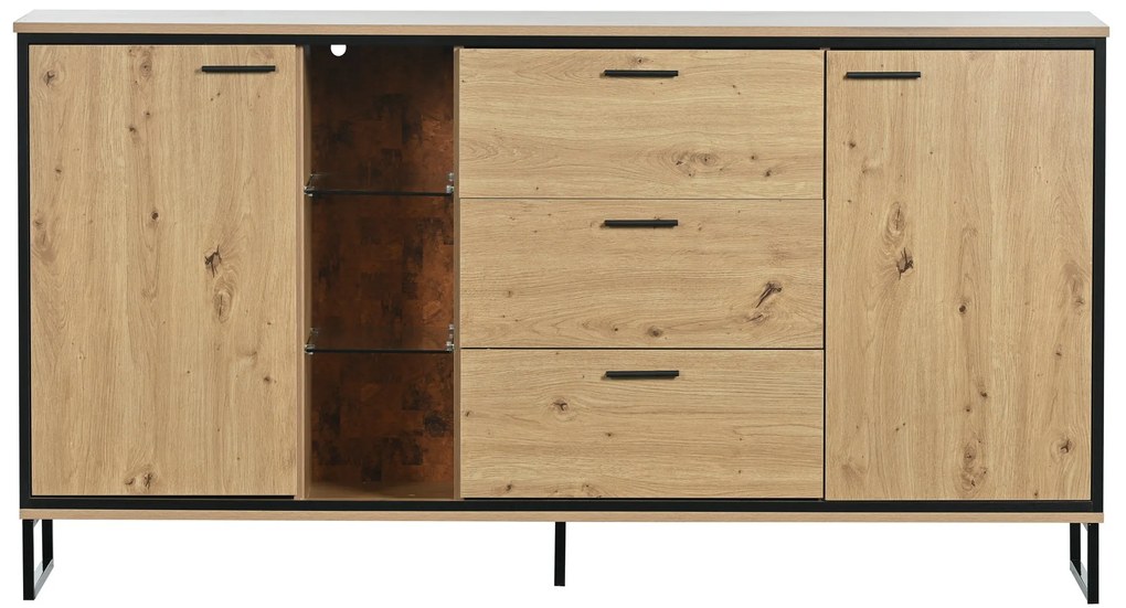 Comodă modernă din lemn cu trei sertare, Negru+Culoare naturală | Aosom Romania