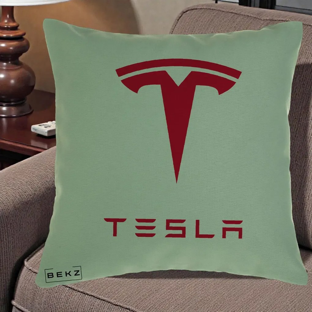Perna Personalizata cu emblema Tesla, 40x40 cm, Verde, Husa Detasabila, Perna Inclusa, BEKZ®