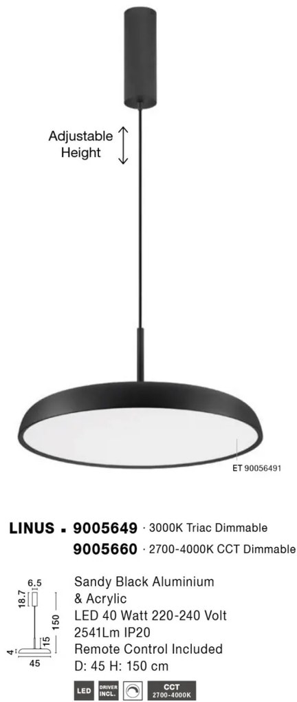 Lustra LED suspendata dimabila cu telecomanda LINUS D-45cm
