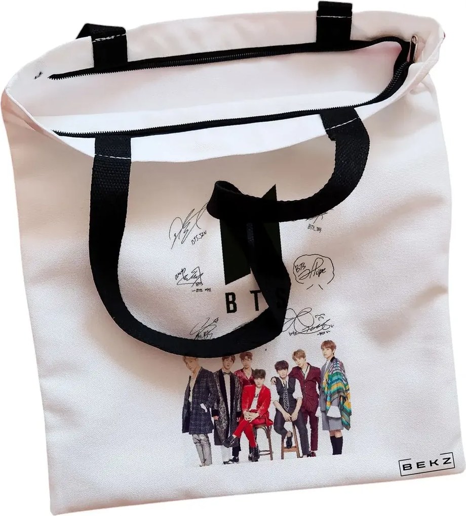 Sacosa de Panza pentru Cumparaturi, Geanta Tote, model BTS Army 1, Cu fermoar, 38x34.5 cm, Alba, BEKZ®