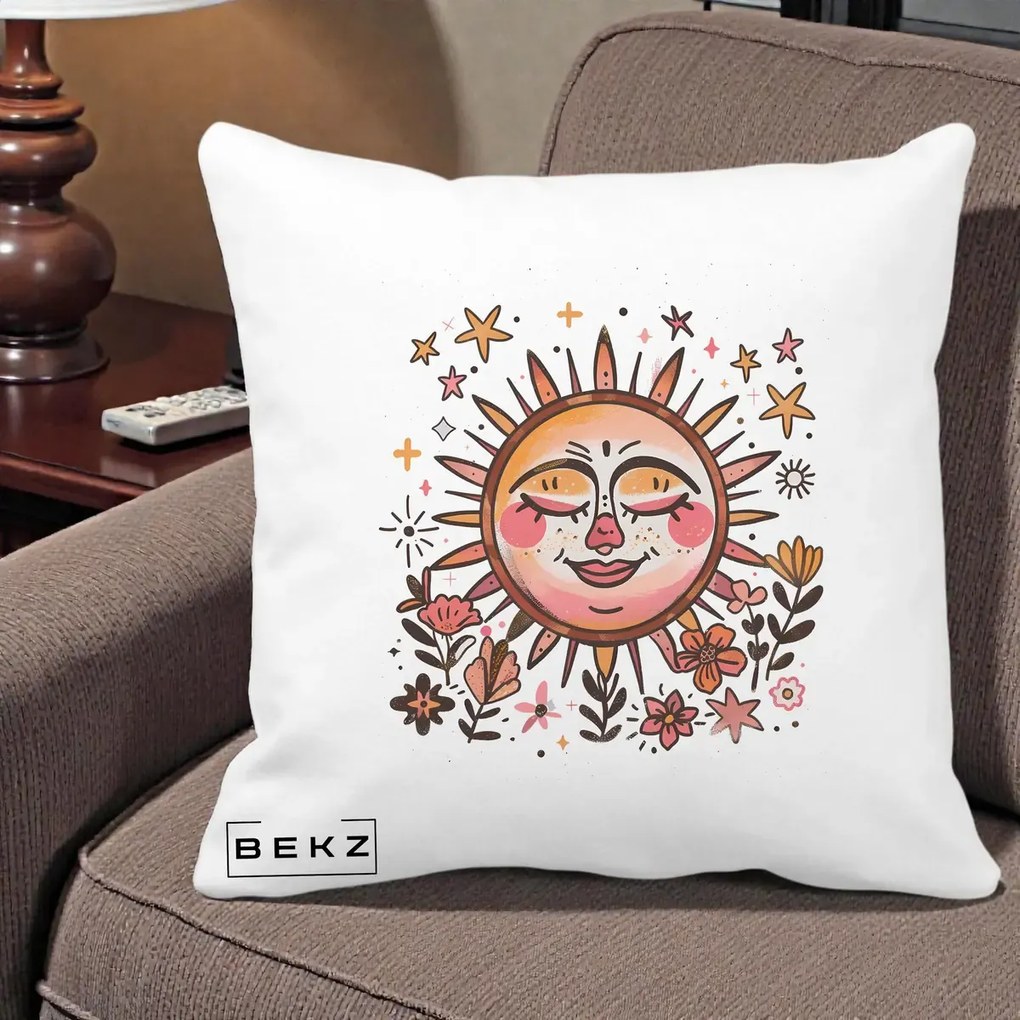 Perna Decorativa Soare Retro Boho Floral, 40x40 cm, Alba Mata, Husa Detasabila, Perna Inclusa, BEKZ®