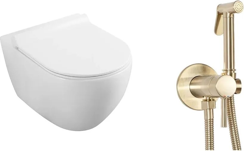 Pachet vas wc suspendat Fluminia, capac softclose si set dus igiena intima auriu cu baterie incastrata Rea Loop