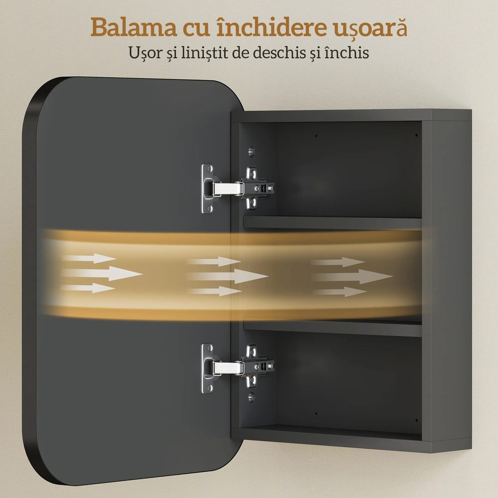 HOMCOM Dulap Baie cu Oglindă și 2 Uși Soft Close, Dulap cu Oglindă, Rafturi Reglabile, Dulap Suspendat Economisire Spațiu din Sticlă, Negru | Aosom Romania