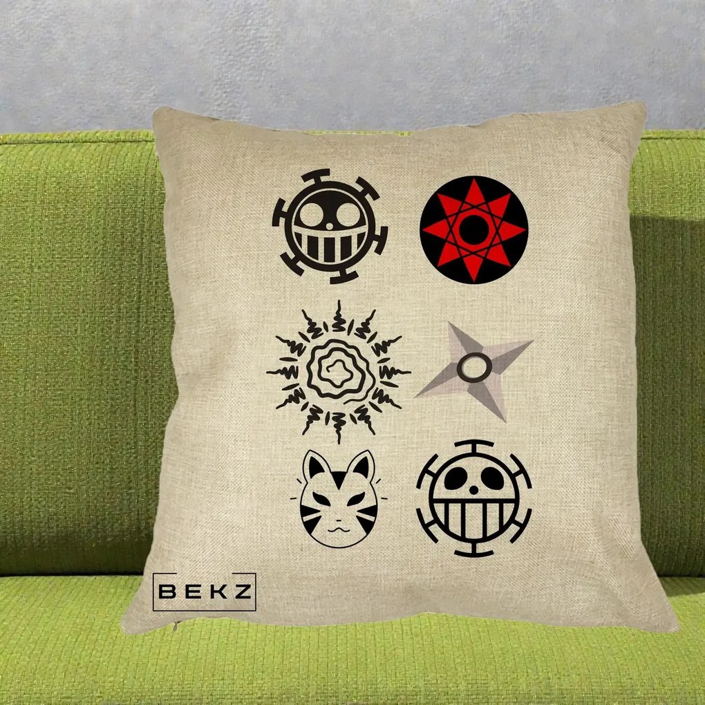 Perna Personalizata Simboluri Anime Mix - Naruto One Piece, 40x40 cm, Crem, Husa Detasabila, Perna Inclusa, BEKZ®