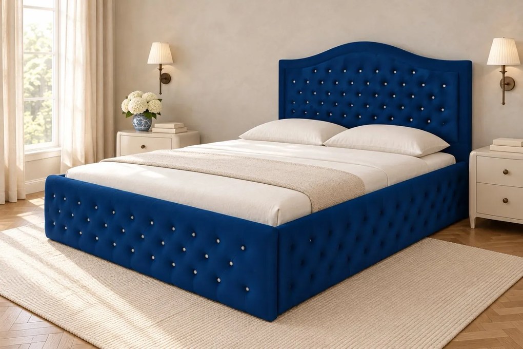 Pat tapițat Chesterfield din catifea Solaria Deluxe Cristal 140×200 cm, bleumarin, cu ladă de depozitare