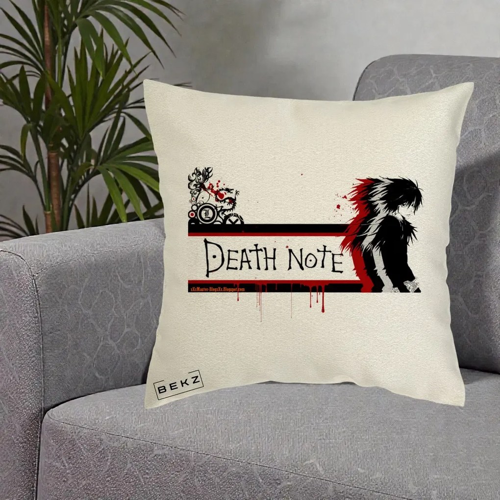 Perna Personalizata Death Note L Lawliet Rosu-Negru, 40x40 cm, Ecru, Husa Detasabila, Perna Inclusa, BEKZ®