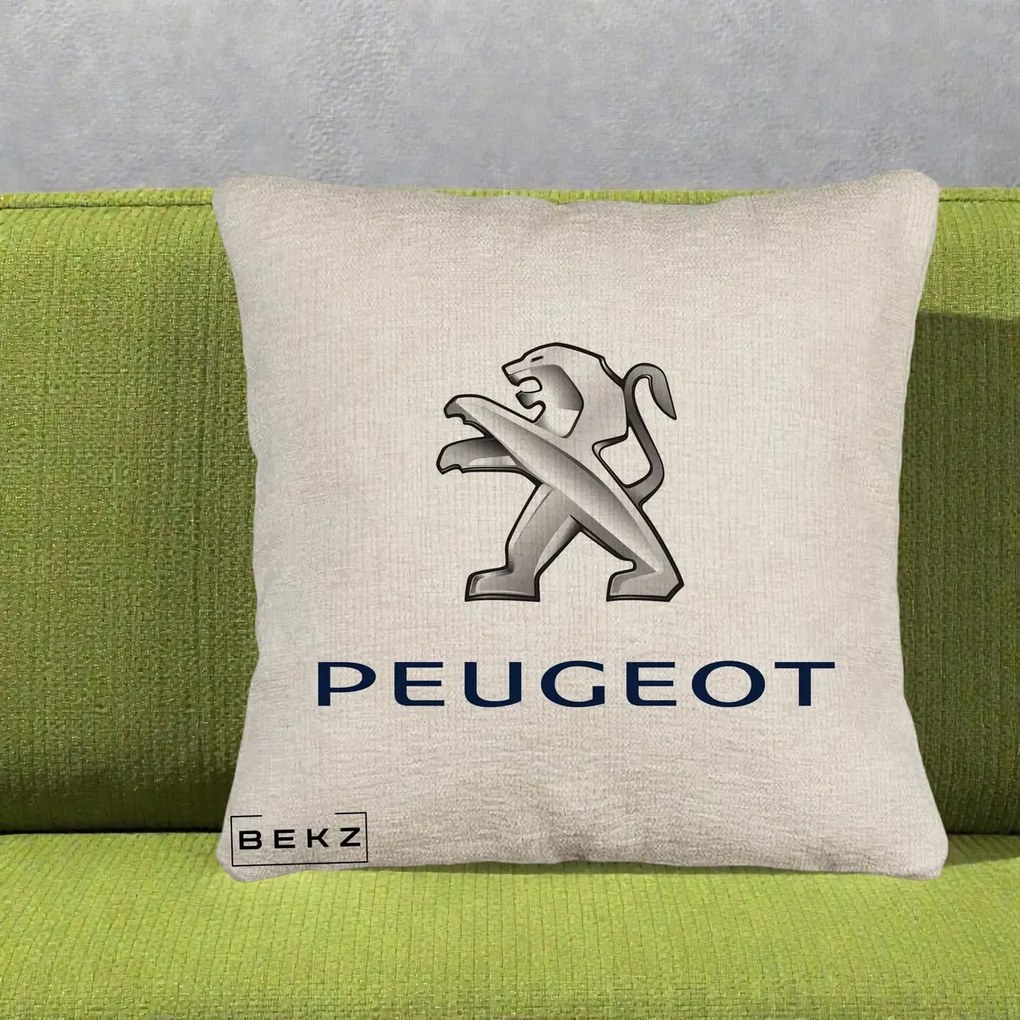 Perna Personalizata cu emblema Peugeot, 40x40 cm, Bej Canapea, Husa Detasabila, Perna Inclusa, BEKZ®