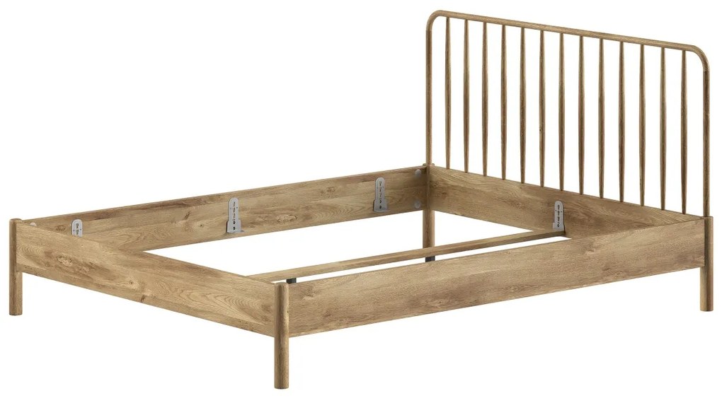 Pat dublu OLIVE, 160 x 200 cm, cu tăblie cu lamele rotunjite și aspect lemn de stejar, design modern, fără somieră inclusă, cu noptieră cu două
