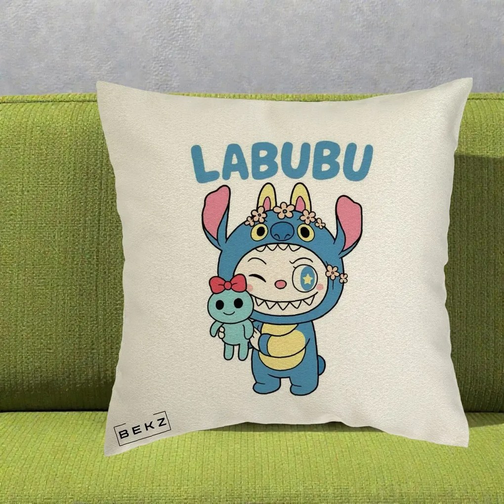 Perna Personalizata Labubu x Stitch cu Flori, 40x40 cm, Ecru, Husa Detasabila, Perna Inclusa, BEKZ®