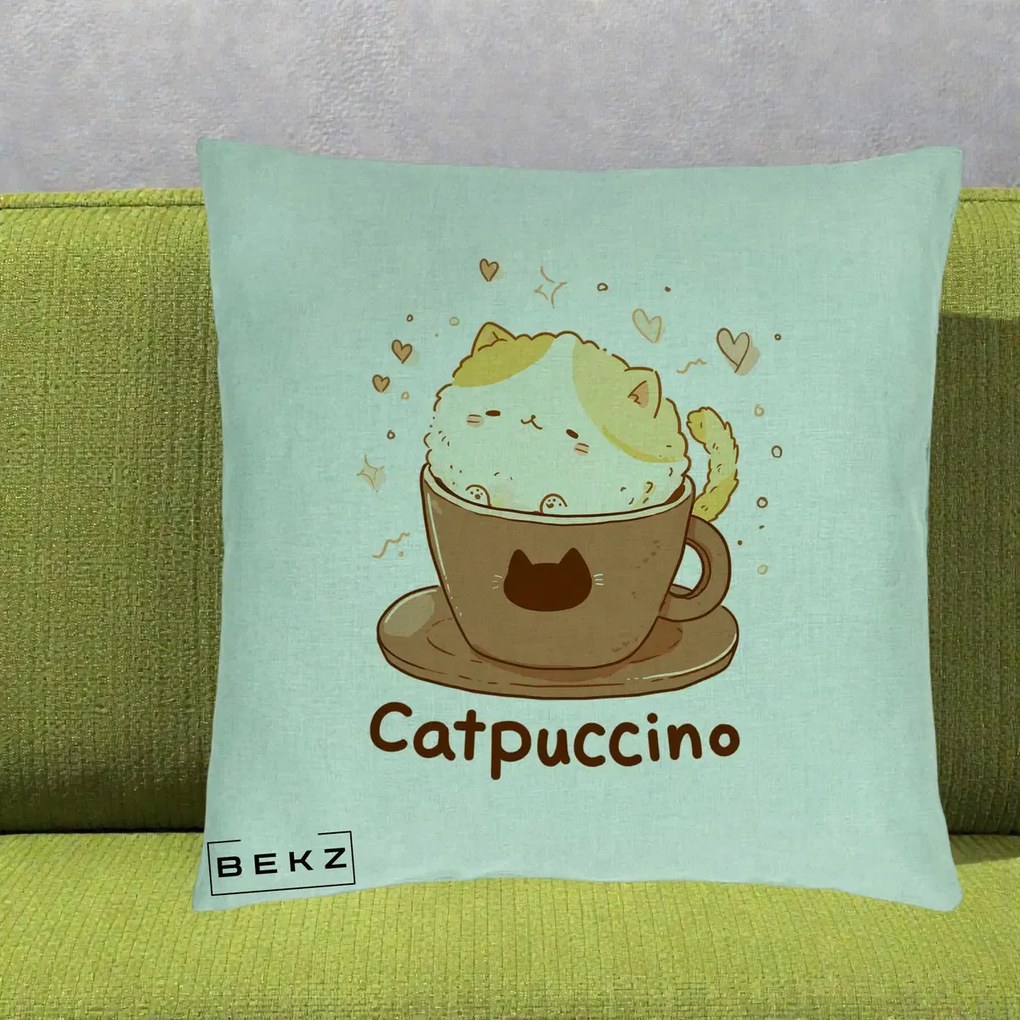 Perna Decorativa Catpuccino Pisica Cappuccino, 40x40 cm, Verde Menta, Husa Detasabila, Perna Inclusa, BEKZ®