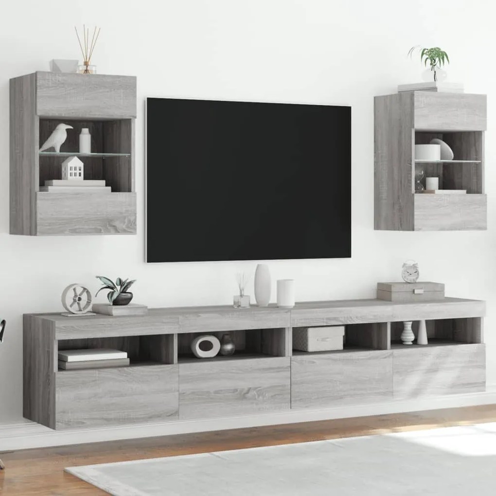 837089 vidaXL Comodă TV de perete cu LED, 2 buc, gri sonoma, 40x30x60,5 cm