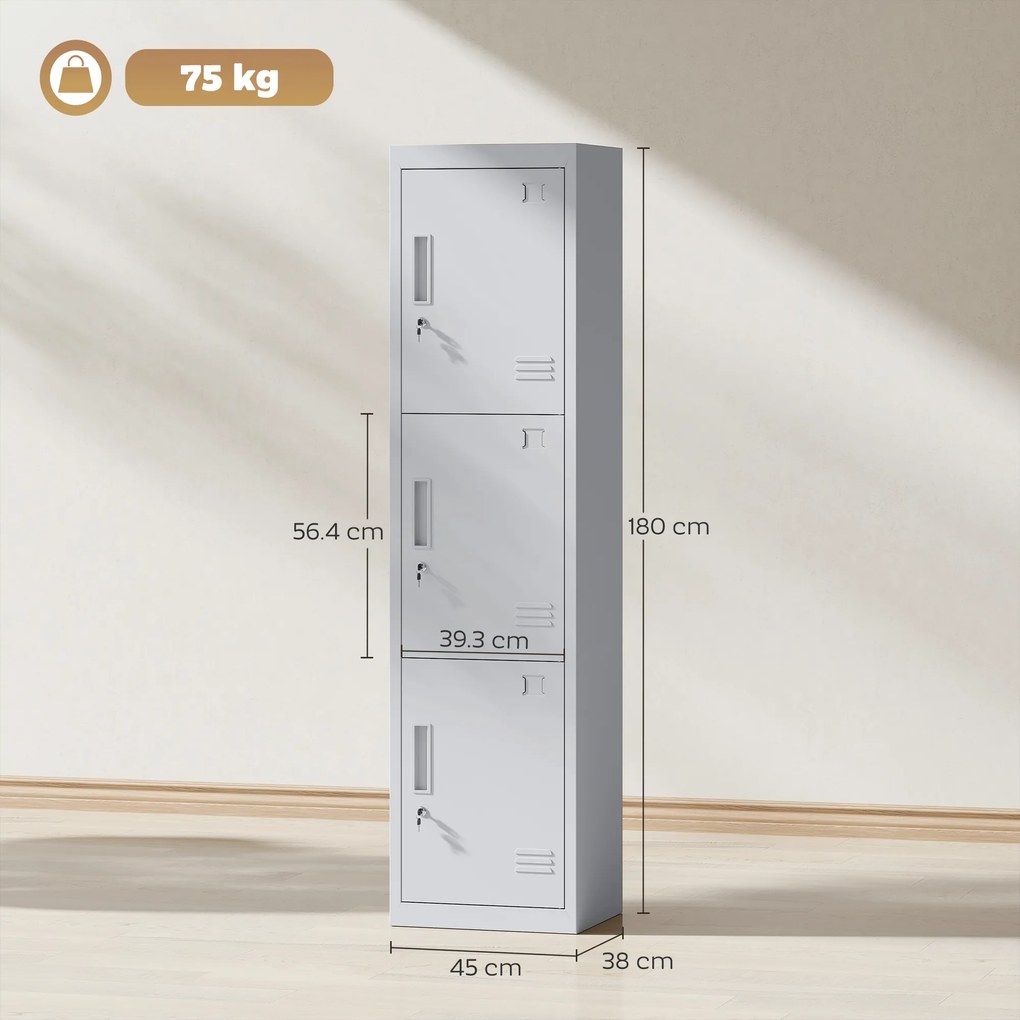 HOMCOM Dulap de birou din oțel cu 3 uși independente cu încuietoare și 2 chei, 45x38x180 cm, gri deschis | Aosom Romania
