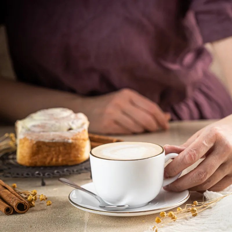 Set cesti si farfurioare pentru ceai Klausberg KH 1929, 12 piese, 210 ml, Opal, Alb/Auriu