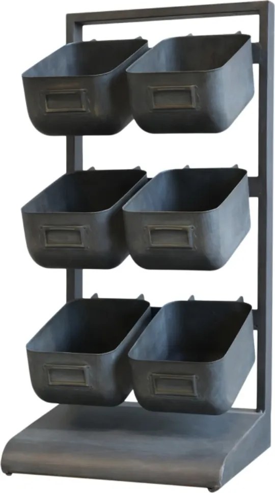Etajeră metalică vintage, negru, cu 6 cutii detașabile și rame pentru etichete, 58 x 27,5 x 23,5 cm, „Filature”