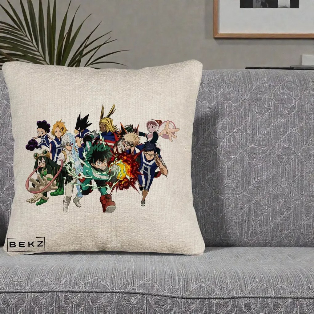 Perna Personalizata My Hero Academia Clasa 1-A Complet, 40x40 cm, Bej Canapea, Husa Detasabila, Perna Inclusa, BEKZ®