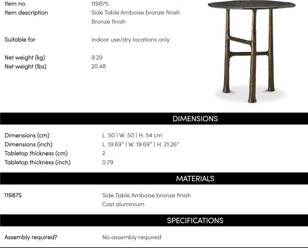 Masuta auxiliara LUX, Aluminiu turnat, Amboise