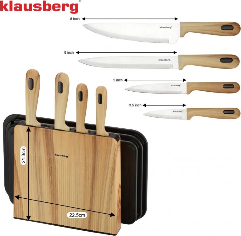 Set de cuțite și tăvi de tăiat Klausberg KB 9037, 8 piese, oțel inoxidabil, suport, maro/negru