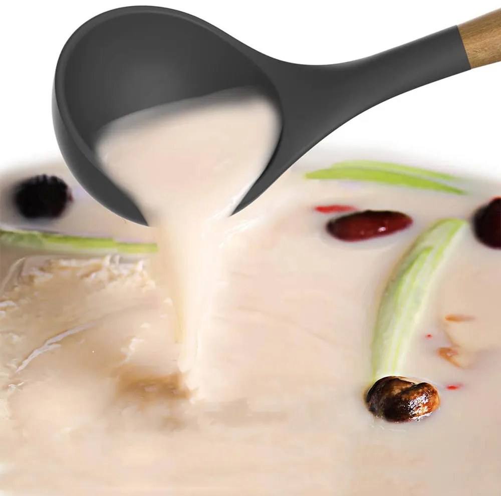 Set ustensile de bucatarie 14 piese, cu cap din silicon termorezistent si suport, gri inchis