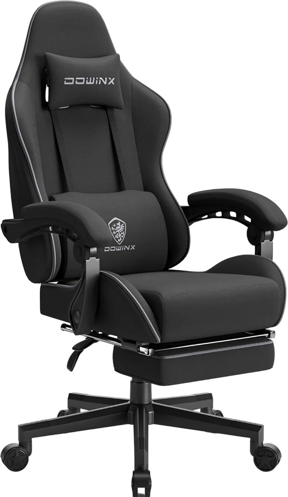 DOWINX 6658 - Scaun Gaming Ergonomic, Masaj in perna lombara, Șezut cu Arcuri Metalice și Spumă, Suport pentru picioare, Rabatabil 90°–135°, Rezistent 130 kg, Material textil, Negru