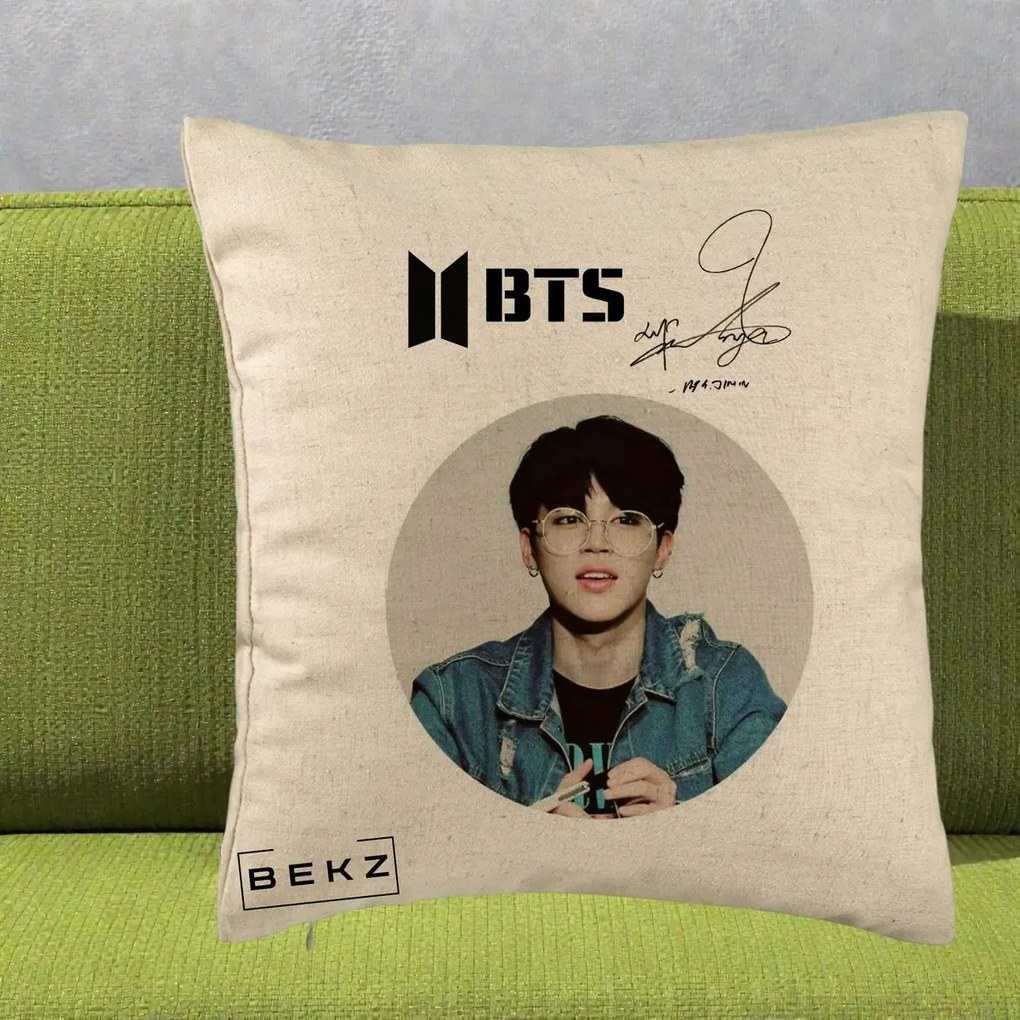 Perna Personalizata K-pop BTS Jimin Portret Cerc Autograf Geaca, 40x40 cm, Bej, Husa Detasabila, Perna Inclusa, BEKZ®