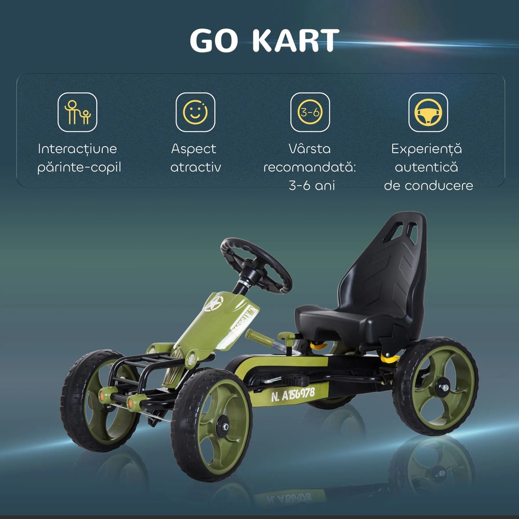 HOMCOM Kart cu Pedale pentru Copii de 3-6 Ani cu Scaun Reglabil și Frână de Mână, 105x54x61 cm, Verde | Aosom Romania