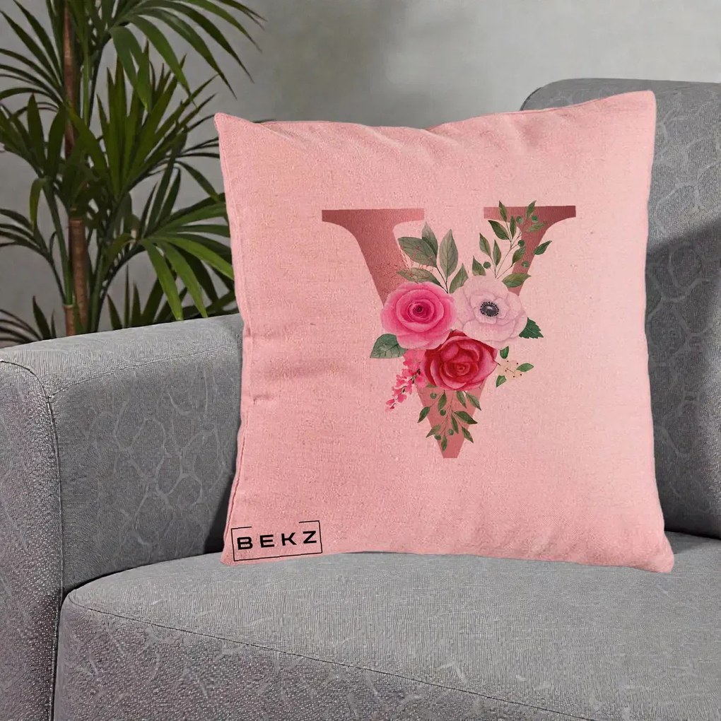Cadou Personalizat - Perna Personalizata Monograma Rose Gold Litera V, 40x40 cm, Roz, Husa Detasabila, Perna Inclusa, BEKZ®