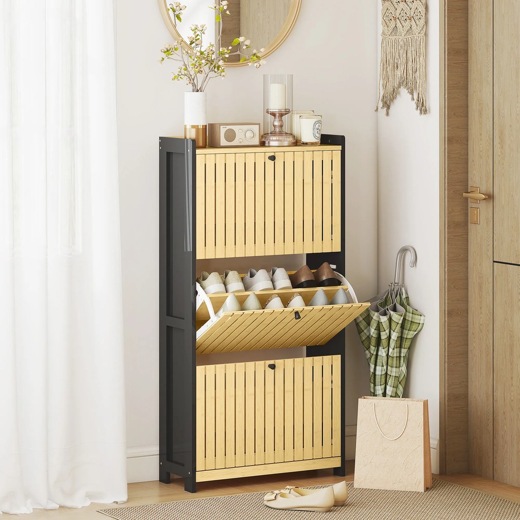 HOMCOM Mobila pentru pantofi 18 perechi cu 3 sertare rabatabile, uși din bambus cu lamele, 60x24x118cm, negru și lemn natural | Aosom Romania