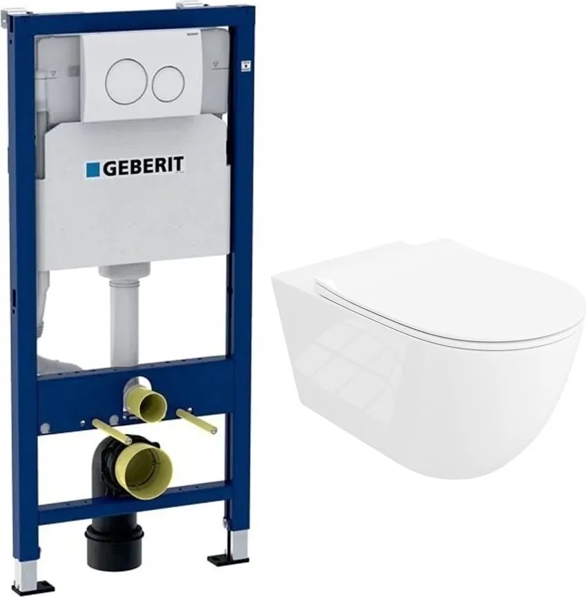 Set rezervor WC cu cadru incastrat Geberit Duofix cu set fixare si clapeta alba Delta20 plus vas WC Rune Ivaldi Grande alb cu capac slim softclose