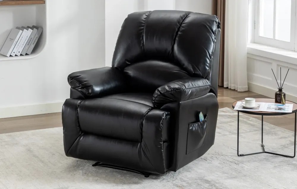 Fotoliu Masaj si Incalzire, Recliner, suport picioare extensibil, Air PU Premium, Negru