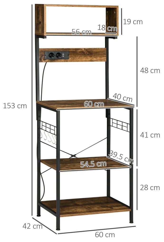 HOMCOM Raft de Bucatarie cu Prize Mutiple, Dulap pentru Microunde cu Rafturi și Mânere din Sârmă Stil Industrial, 90x42x130 cm, Maro | Aosom Romania