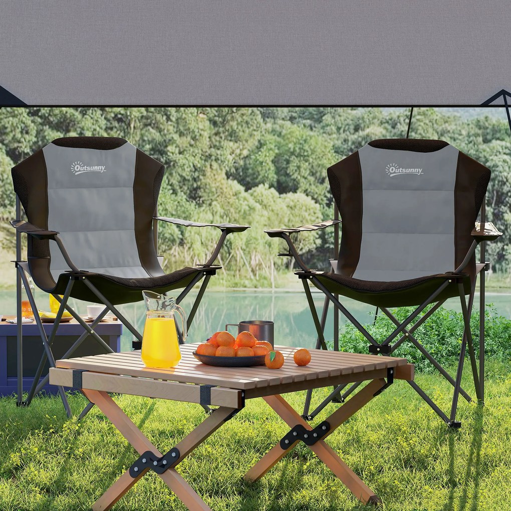 Outsunny Lot de 2 scaune pliante camping rembursate cu spătar înalt cu suport pentru pahar, greutate 120 kg, gri închis | Aosom Romania