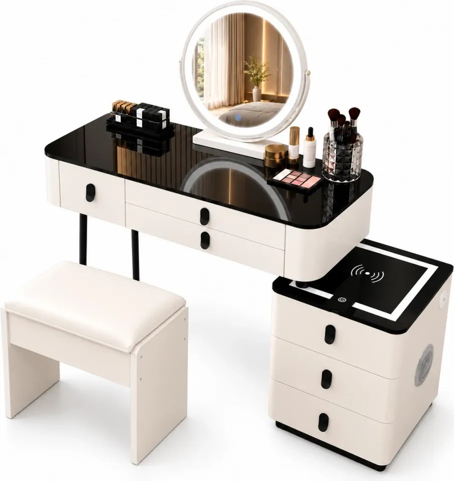 Set MARGOT LONG – Masă de Toaletă pentru Machiaj, Oglindă Alba iluminată LED, Control Touch, 6 sertare, Comoda, Difuzor Bluetooth, Zona încărcare fără fir + USB, Taburet, Alb, 100x40x75 cm