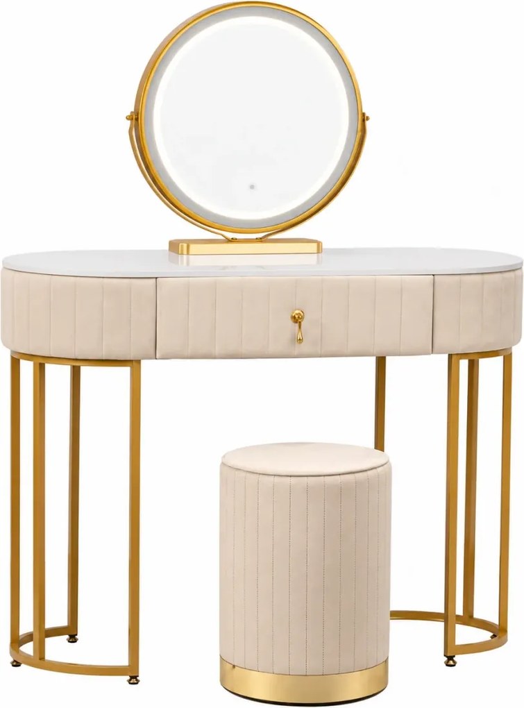 Set BOHEMIA LONG – Masă de Toaletă pentru Machiaj, Oglindă Iluminată LED, Control Touch, Sertar, Taburet, 100x40x75 cm, Bej