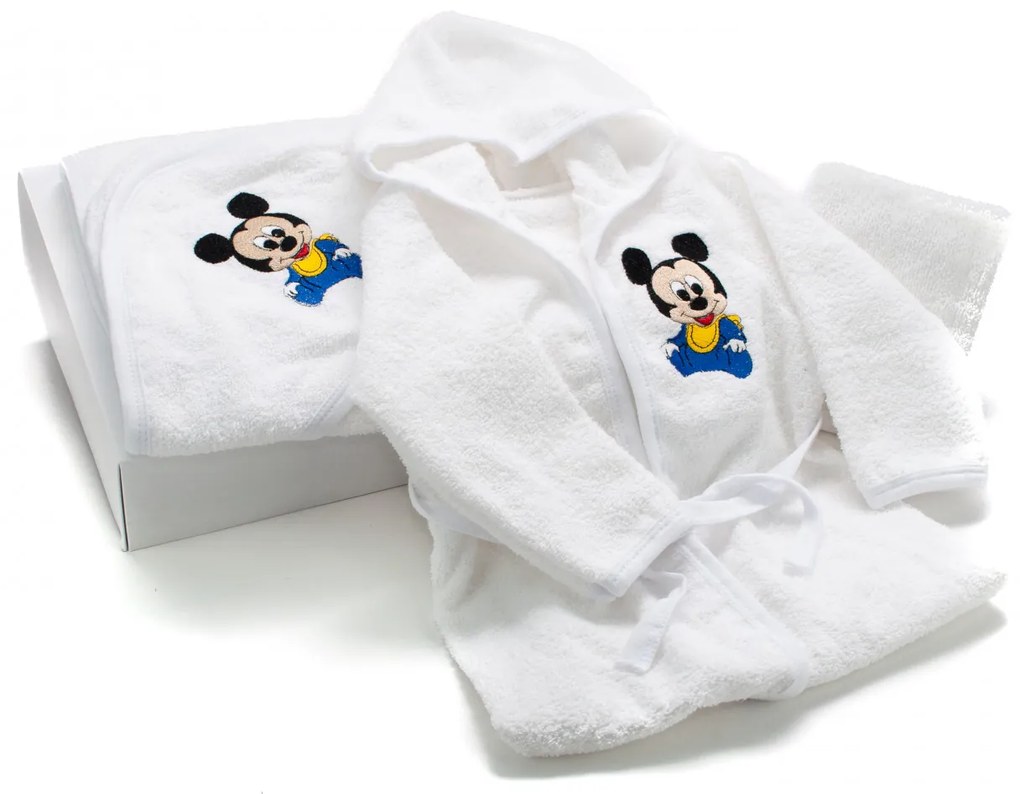 Set de baie pentru bebelusi, cu 3 piese, brodat cu Mickey Mouse, Alb- SDB-08