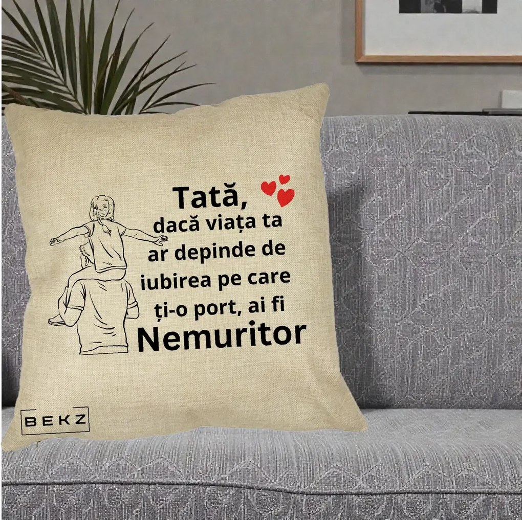Cadou pentru Tata - Perna Personalizata Tata Supererou Nemuritor, 40x40 cm, Crem, Husa Detasabila, Perna Inclusa, BEKZ®