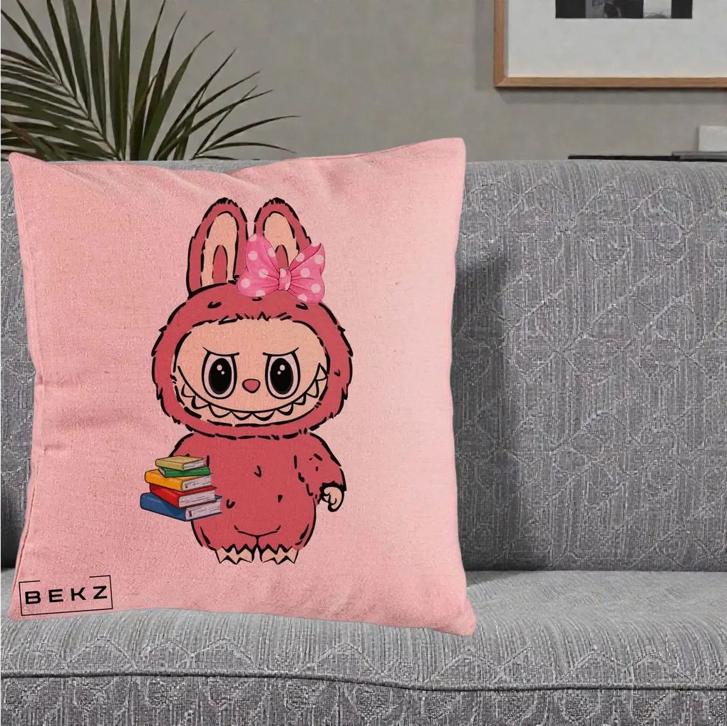 Perna Personalizata Labubu Roz cu Funda si Carti, 40x40 cm, Roz, Husa Detasabila, Perna Inclusa, BEKZ®