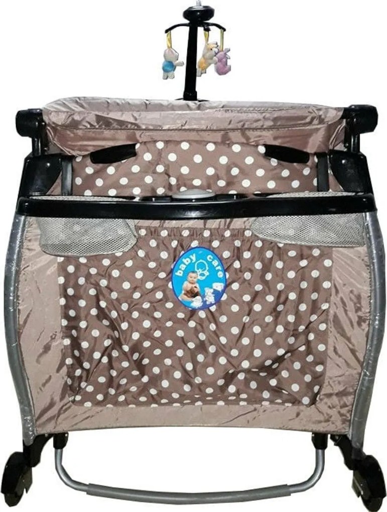 Patut Pliant rotund cu balansoar, Tarc copii Baby Care™ ROUND NEST, Pliabil pe 2 Niveluri cu muzica si Masa infasat, Jucarie Carusel cu jucarii din