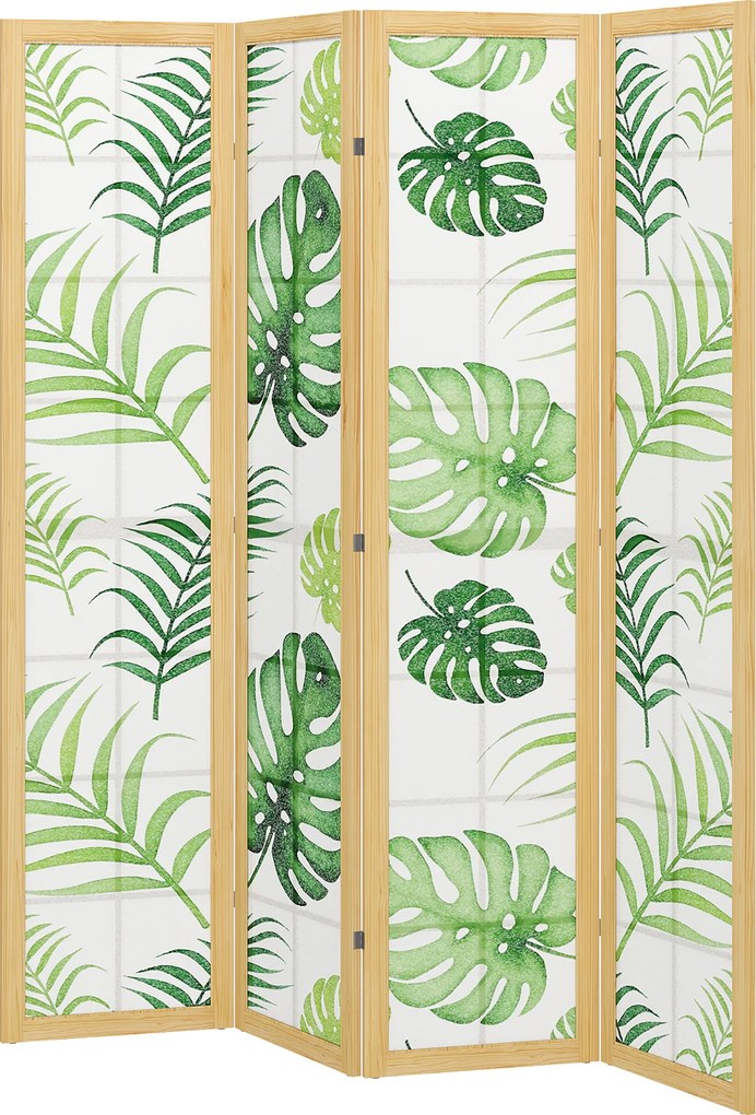 HOMCOM Separator de cameră 4 piese, pliabil, design boho, motiv tropical, separator independent, cadru din lemn, verde | Aosom Romania