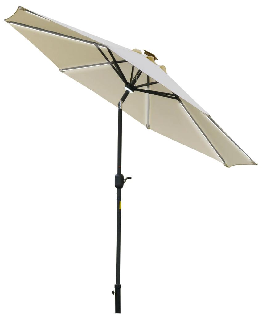 Outsunny Umbrela de Gradina Φ266x245cm cu Manivela si care se Inclina Lumini LED si Panou Solar, Alb Crem