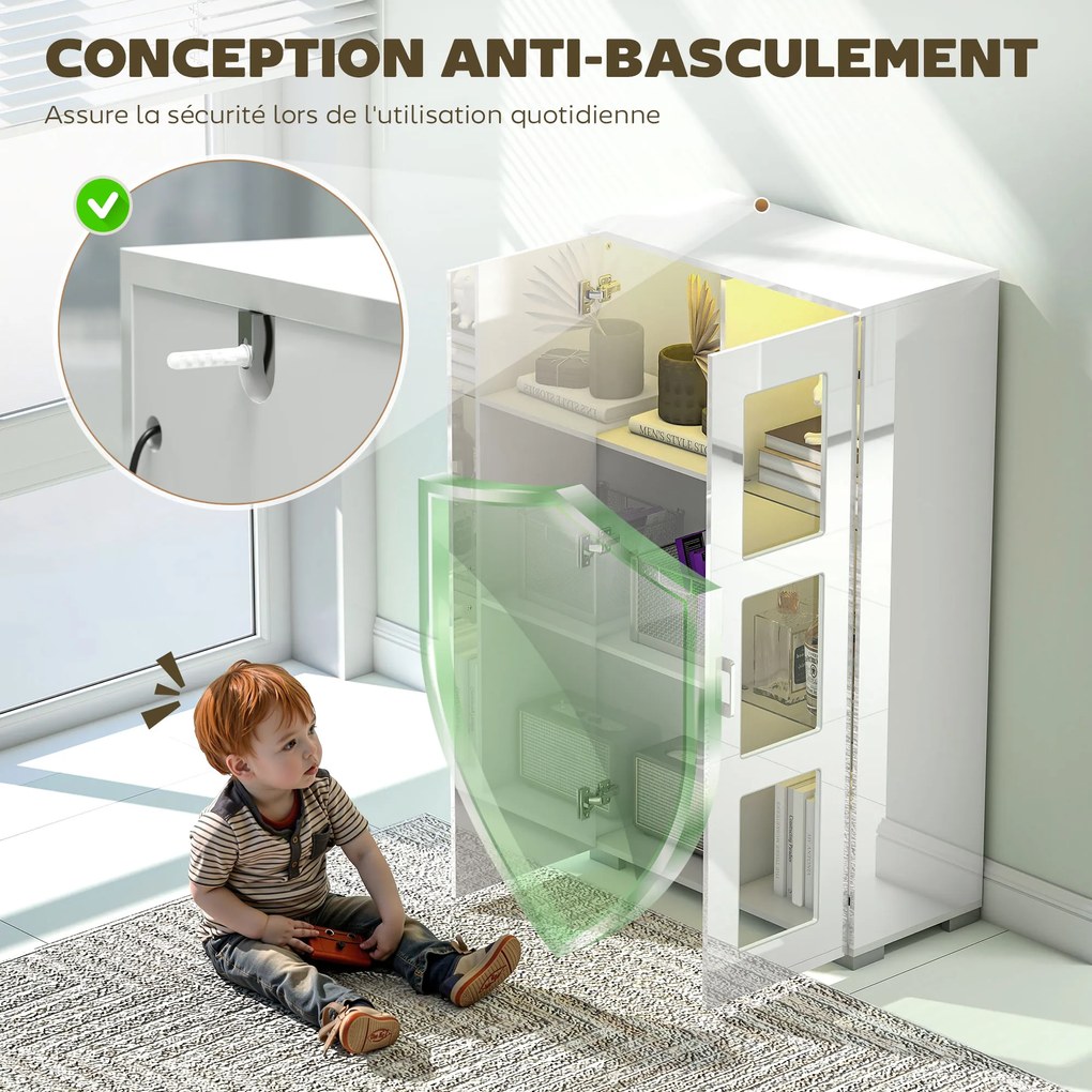 HOMCOM Bufet cu LED RGB 16 culori și telecomandă, finisaj lucios, uși vitrate, rafturi din sticlă, 71x35x126 cm, alb | Aosom Romania