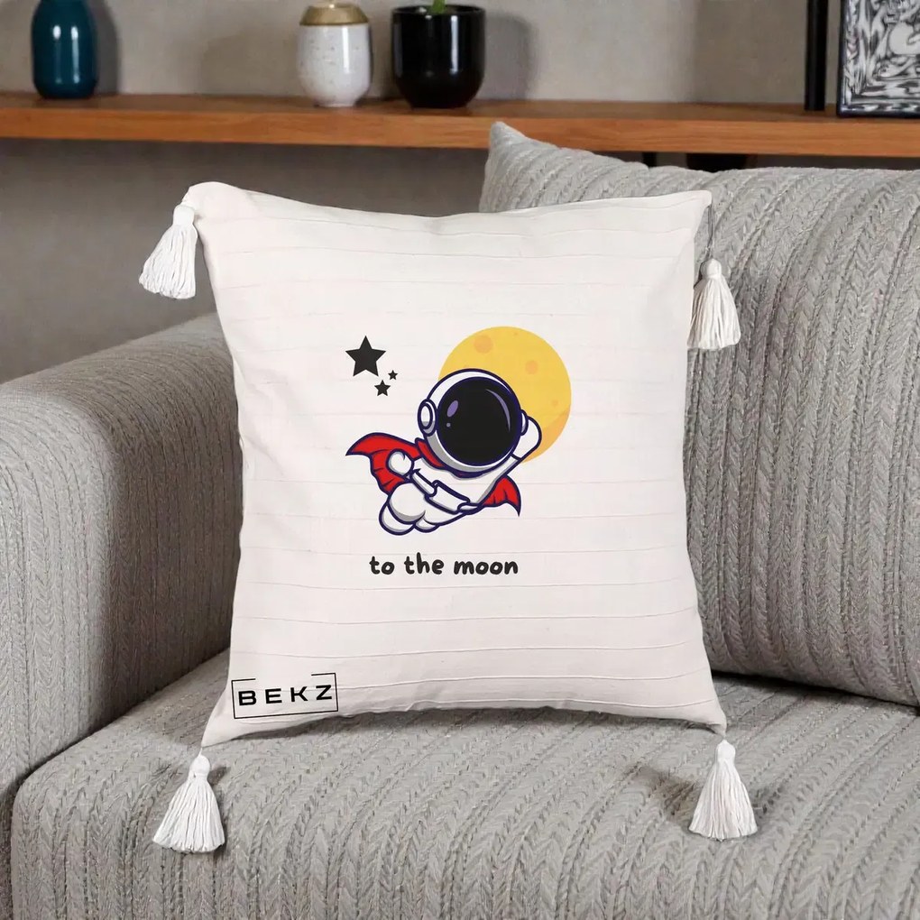 Perna Decorativa Astronaut To The Moon, 40x40 cm, Bej cu Franjuri, Husa Detasabila, Perna Inclusa, BEKZ®