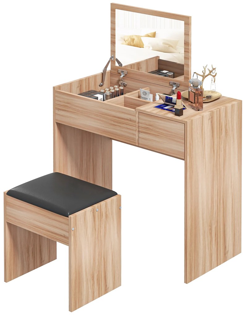 HOMCOM Masă de machiaj cu taburet Masă de machiaj cu oglindă capac rabatabil și compartimente 80x40x79 cm și 40x30x40 cm | Aosom Romania